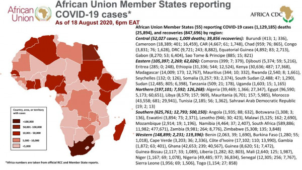 Coronavirus: African Union Member States reporting COVID-19 cases as of 18 August 2020, 6 pm EAT