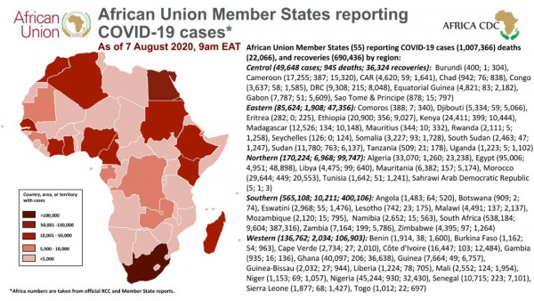 Coronavirus: African Union Member States reporting COVID-19 cases as at 7 August 9am EAT