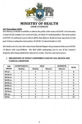 Coronavirus - Eswatini: Minister of Health Lizzie Nkosi's COVID-19 update on 14 November 2020