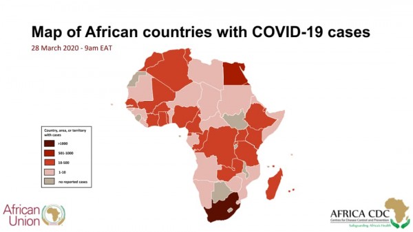 Map of African countries with COVID-19 cases (28 March 2020 - 9am EAT)