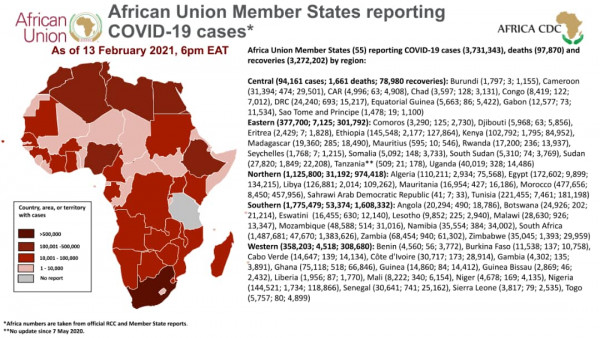 Coronavirus: African Union Member States reporting COVID-19 cases as of 13 February 2021, 6 pm EAT