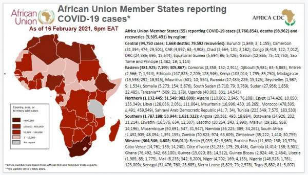 Coronavirus: African Union Member States reporting COVID-19 cases as of 16 February 2021, 6 pm EAT