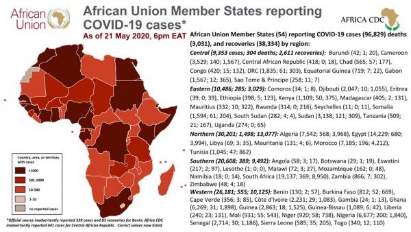 African Union Member States reporting COVID-19 cases as of 21st May 2020 6 pm EAT