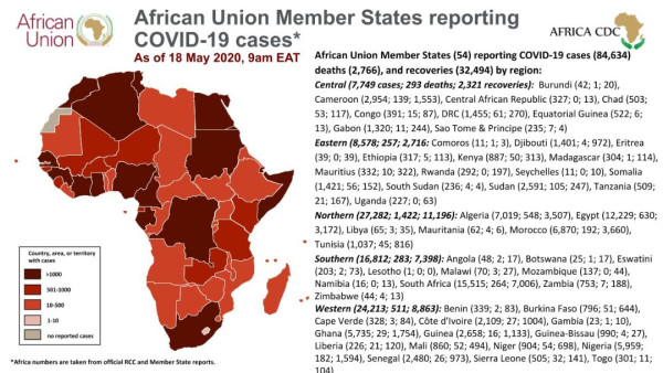 Coronavirus: African Union Member States reporting COVID-19 cases As of 18 May 2020, 9am EAT