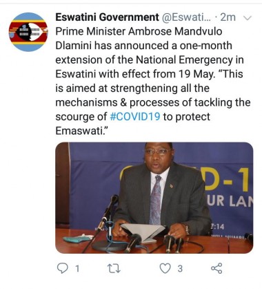 Coronavirus - Eswatini: One-month extension of the National Emergency in Eswatini