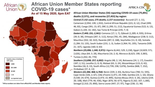 Coronavirus: African Union Member States reporting COVID-19 cases as of 15th May 2020, 6 pm EAT